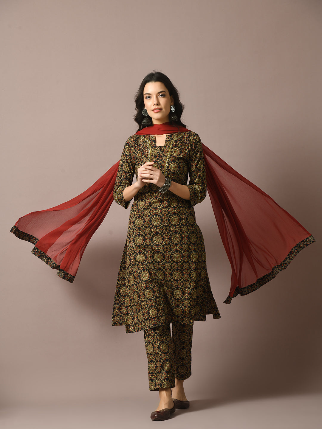Women's  Multi Printed Cotton Straight Party Kurta Sets With Dupatta