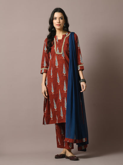 Women's  Rust Printed Cotton Straight Party Kurta Sets With Dupatta