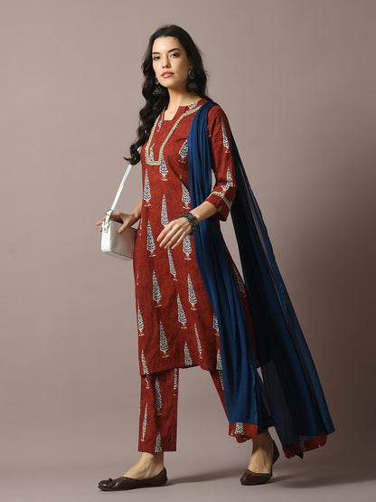 Women's  Rust Printed Cotton Straight Party Kurta Sets With Dupatta
