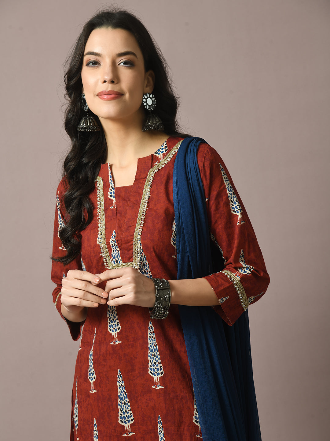 Women's  Rust Printed Cotton Straight Party Kurta Sets With Dupatta