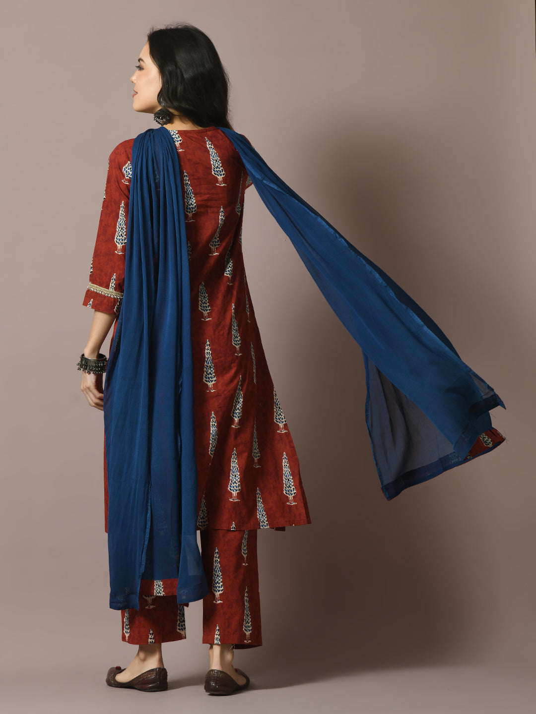 Women's  Rust Printed Cotton Straight Party Kurta Sets With Dupatta
