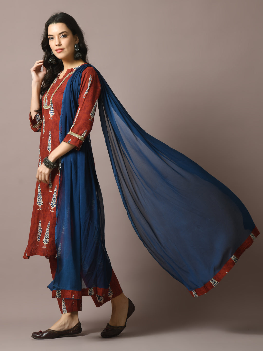 Women's  Rust Printed Cotton Straight Party Kurta Sets With Dupatta