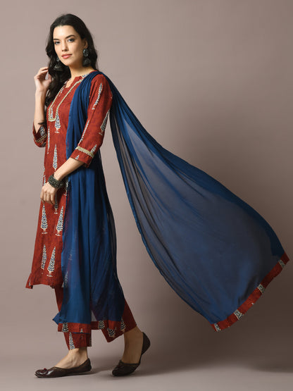 Women's  Rust Printed Cotton Straight Party Kurta Sets With Dupatta