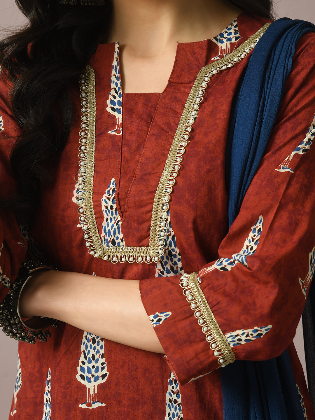 Women's  Rust Printed Cotton Straight Party Kurta Sets With Dupatta
