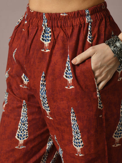 Women's  Rust Printed Cotton Straight Party Kurta Sets With Dupatta