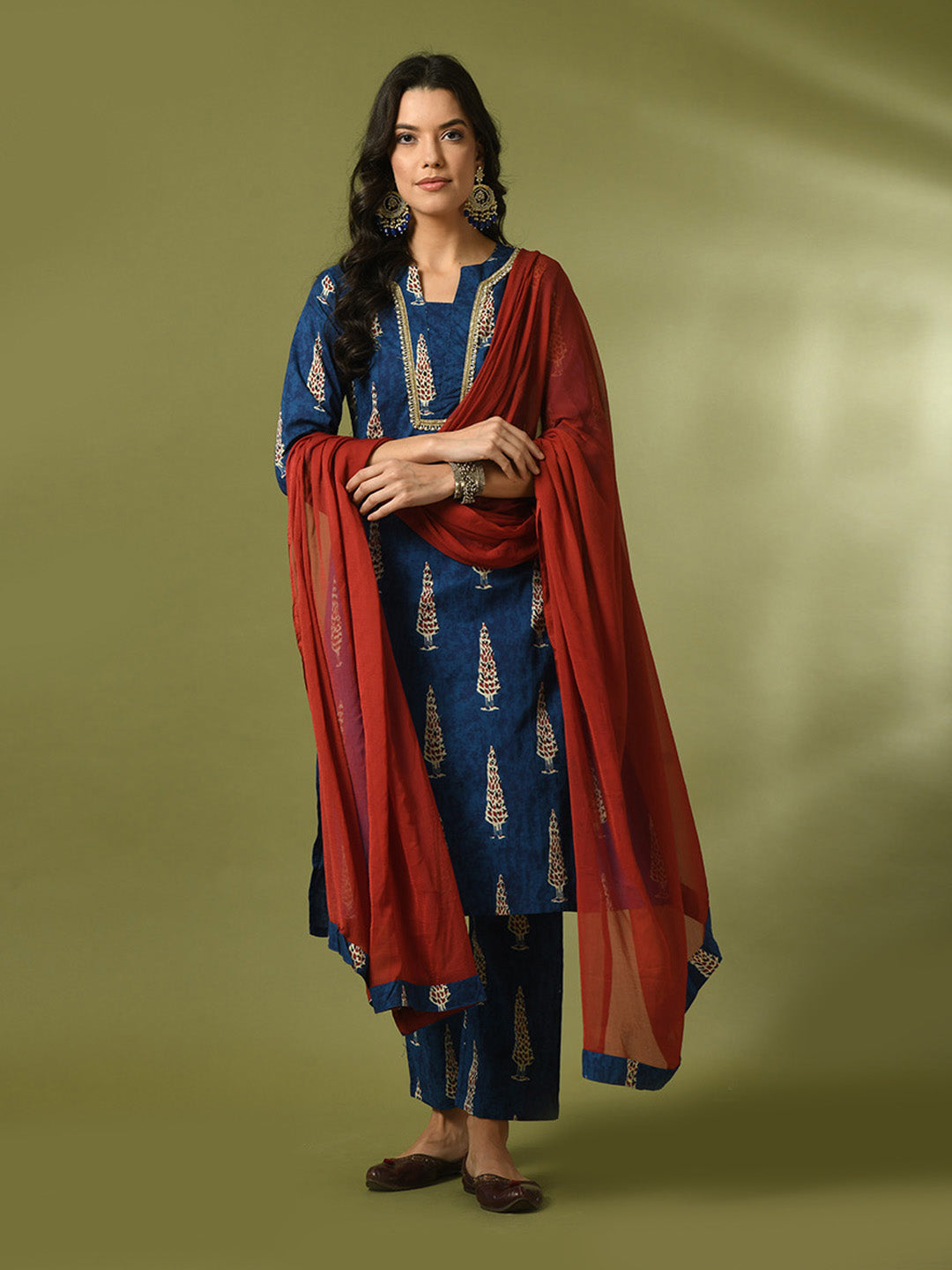 Women's  Blue Printed Cotton Straight Party Kurta Sets With Dupatta
