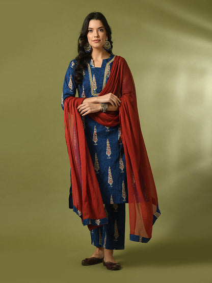 Women's  Blue Printed Cotton Straight Party Kurta Sets With Dupatta