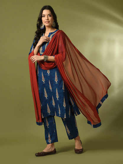 Women's  Blue Printed Cotton Straight Party Kurta Sets With Dupatta