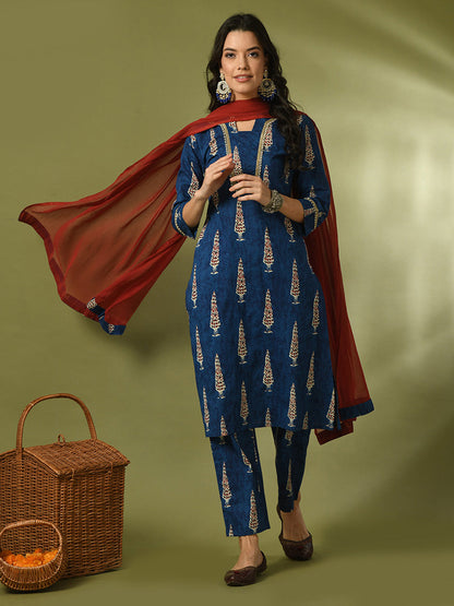 Women's  Blue Printed Cotton Straight Party Kurta Sets With Dupatta