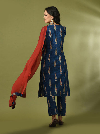 Women's  Blue Printed Cotton Straight Party Kurta Sets With Dupatta