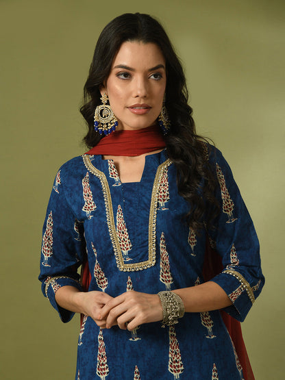 Women's  Blue Printed Cotton Straight Party Kurta Sets With Dupatta
