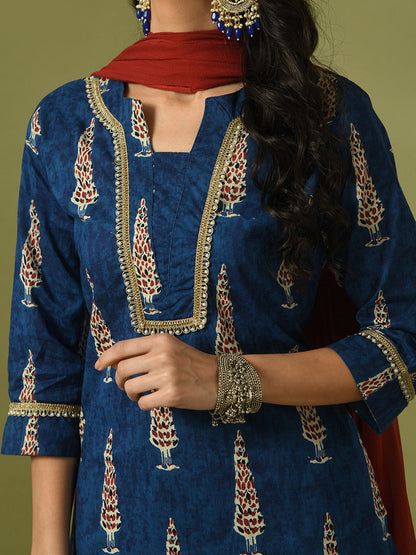 Women's  Blue Printed Cotton Straight Party Kurta Sets With Dupatta