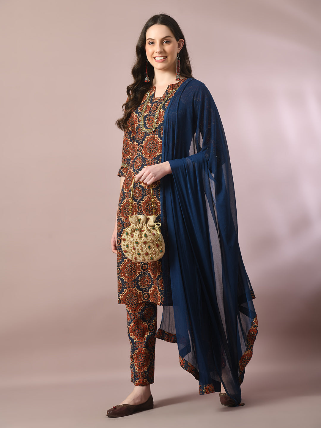 Women's  Multi Printed Cotton Straight Party Kurta Sets With Dupatta