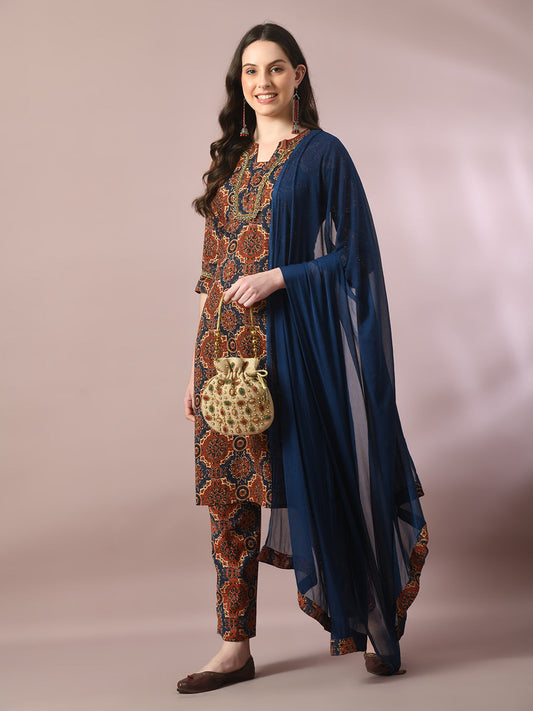 Women's  Multi Printed Cotton Straight Party Kurta Sets With Dupatta