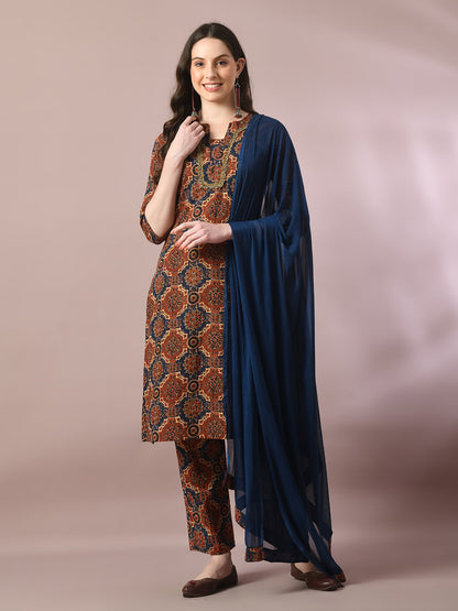Women's  Multi Printed Cotton Straight Party Kurta Sets With Dupatta