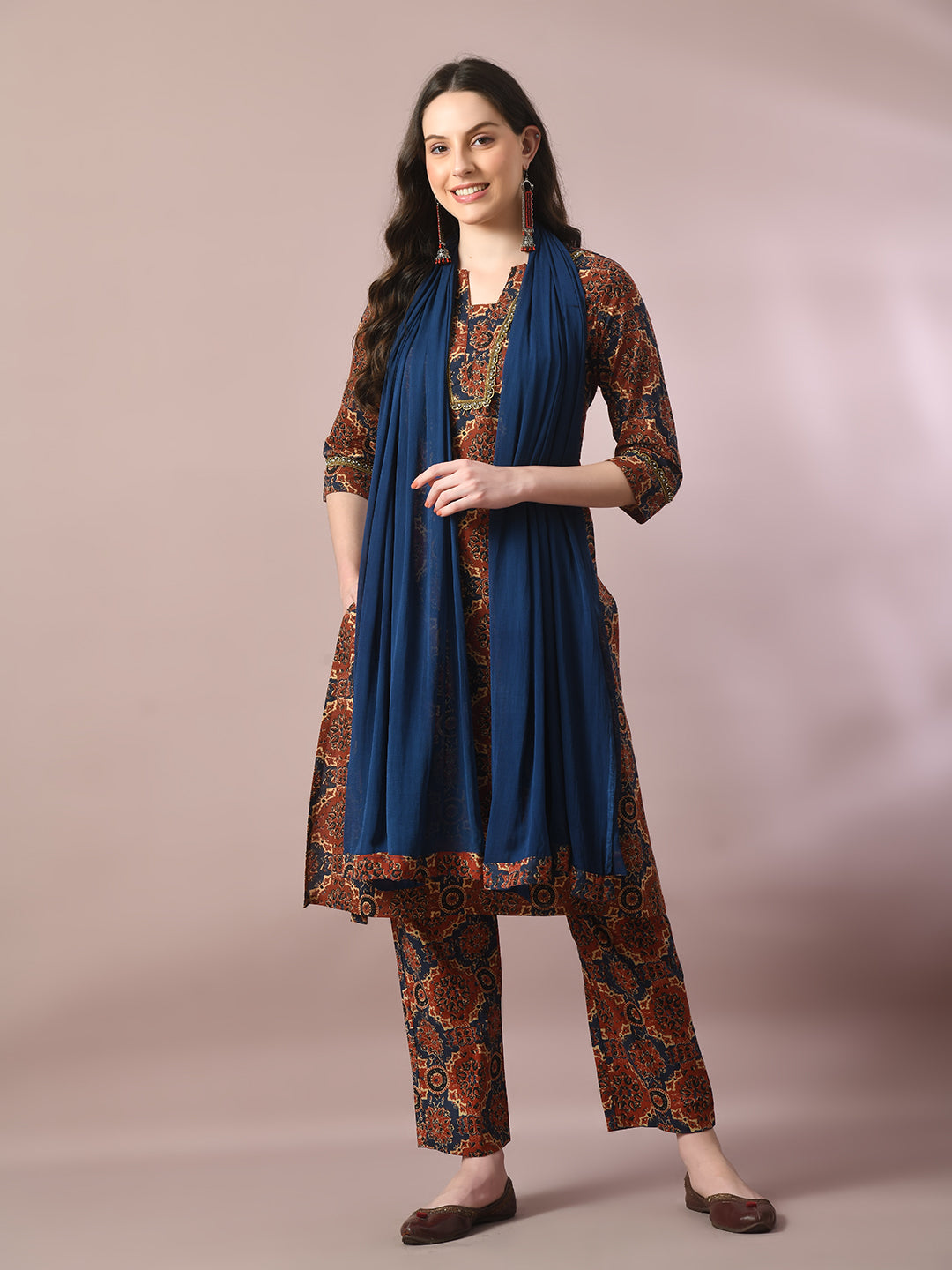 Women's  Multi Printed Cotton Straight Party Kurta Sets With Dupatta