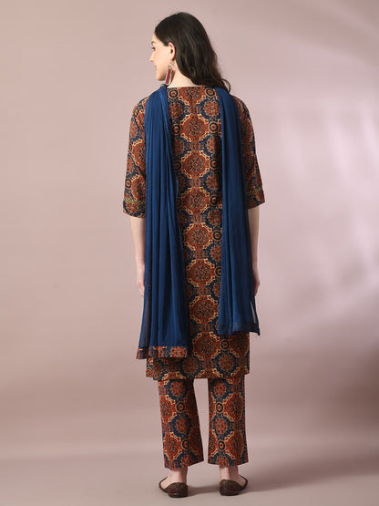 Women's  Multi Printed Cotton Straight Party Kurta Sets With Dupatta