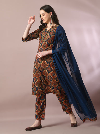 Women's  Multi Printed Cotton Straight Party Kurta Sets With Dupatta
