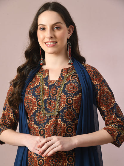Women's  Multi Printed Cotton Straight Party Kurta Sets With Dupatta