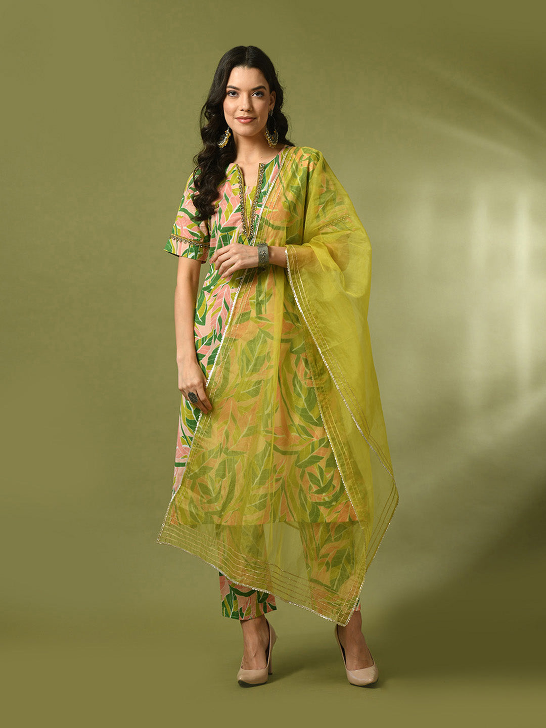 Women's  Multi Printed Cotton Straight Party Kurta Sets With Dupatta