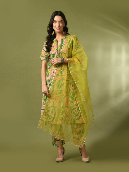 Women's  Multi Printed Cotton Straight Party Kurta Sets With Dupatta
