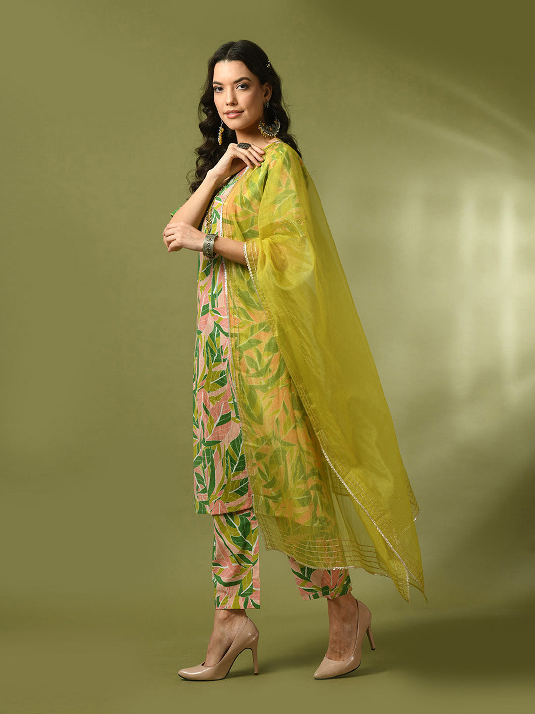 Women's  Multi Printed Cotton Straight Party Kurta Sets With Dupatta