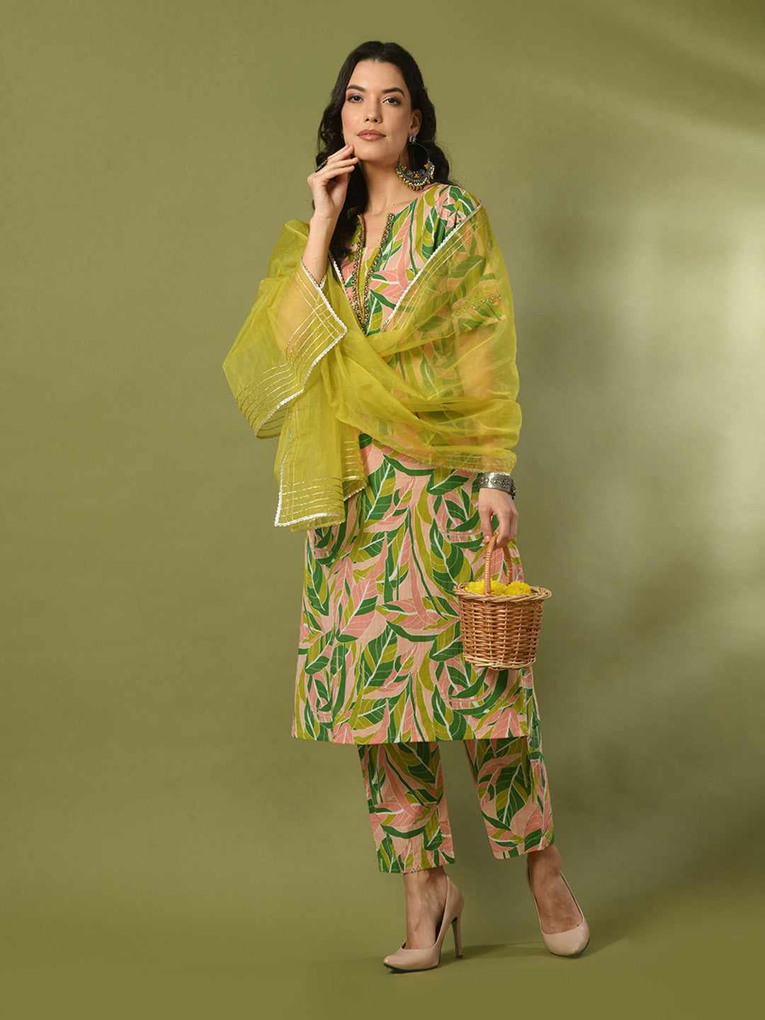 Women's  Multi Printed Cotton Straight Party Kurta Sets With Dupatta