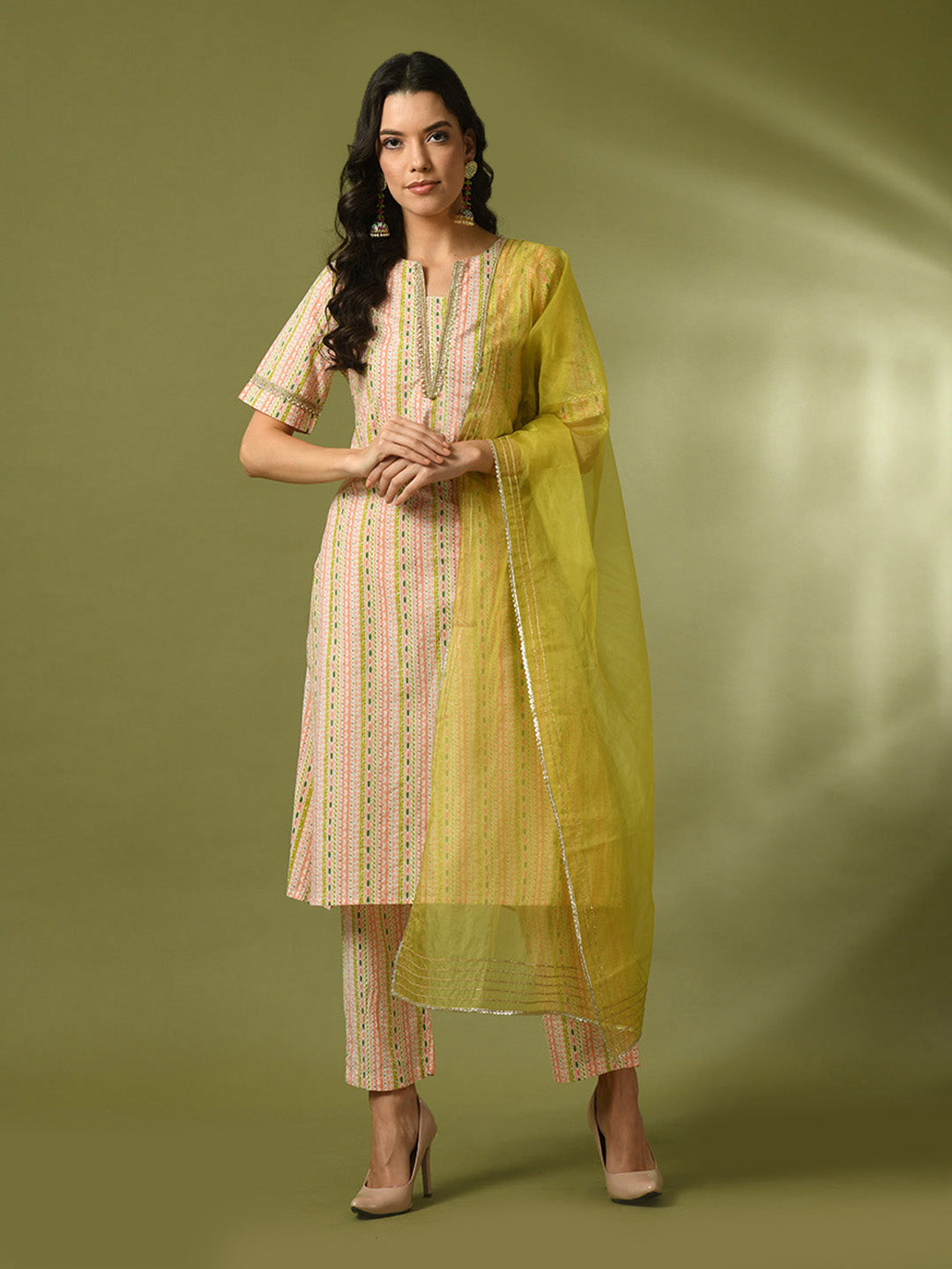 Women's  Multi Printed Cotton Straight Party Kurta Sets With Dupatta