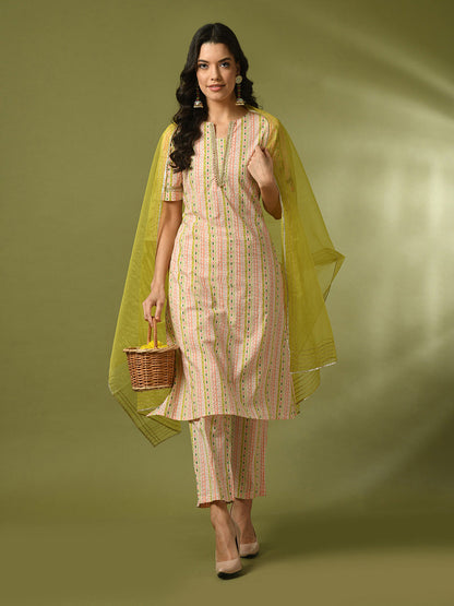 Women's  Multi Printed Cotton Straight Party Kurta Sets With Dupatta