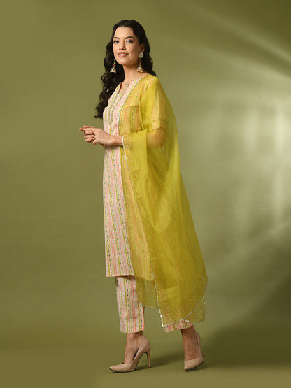 Women's  Multi Printed Cotton Straight Party Kurta Sets With Dupatta