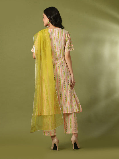 Women's  Multi Printed Cotton Straight Party Kurta Sets With Dupatta