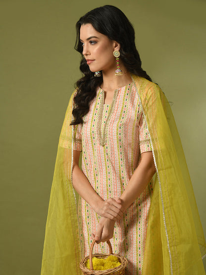 Women's  Multi Printed Cotton Straight Party Kurta Sets With Dupatta
