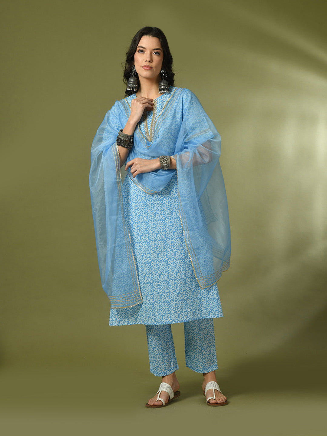 Women's  Blue Printed Cotton Straight Party Kurta Sets With Dupatta