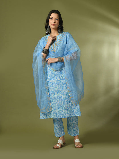 Women's  Blue Printed Cotton Straight Party Kurta Sets With Dupatta
