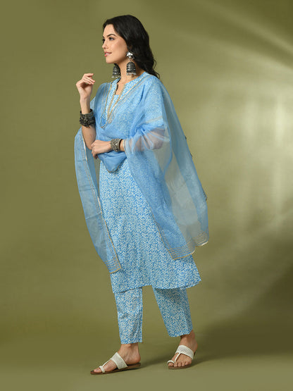 Women's  Blue Printed Cotton Straight Party Kurta Sets With Dupatta