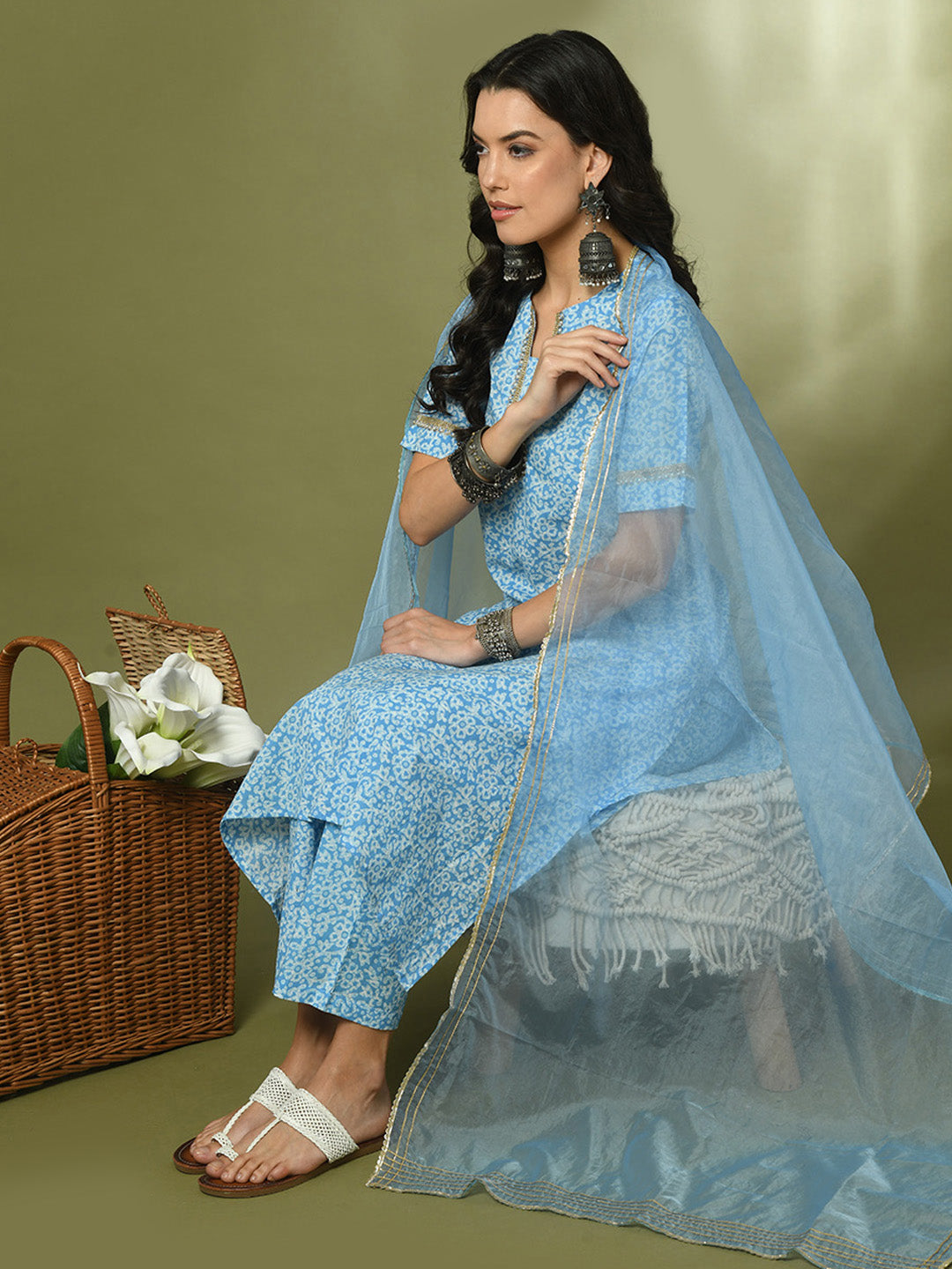 Women's  Blue Printed Cotton Straight Party Kurta Sets With Dupatta