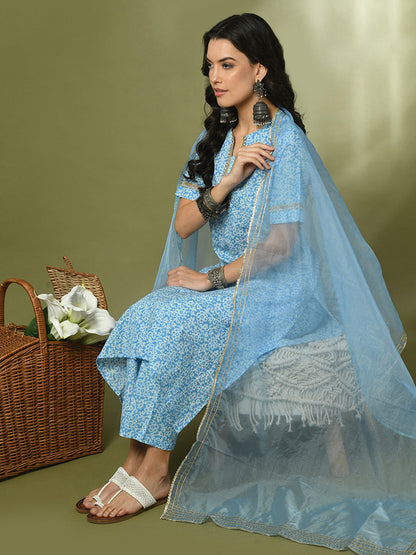 Women's  Blue Printed Cotton Straight Party Kurta Sets With Dupatta