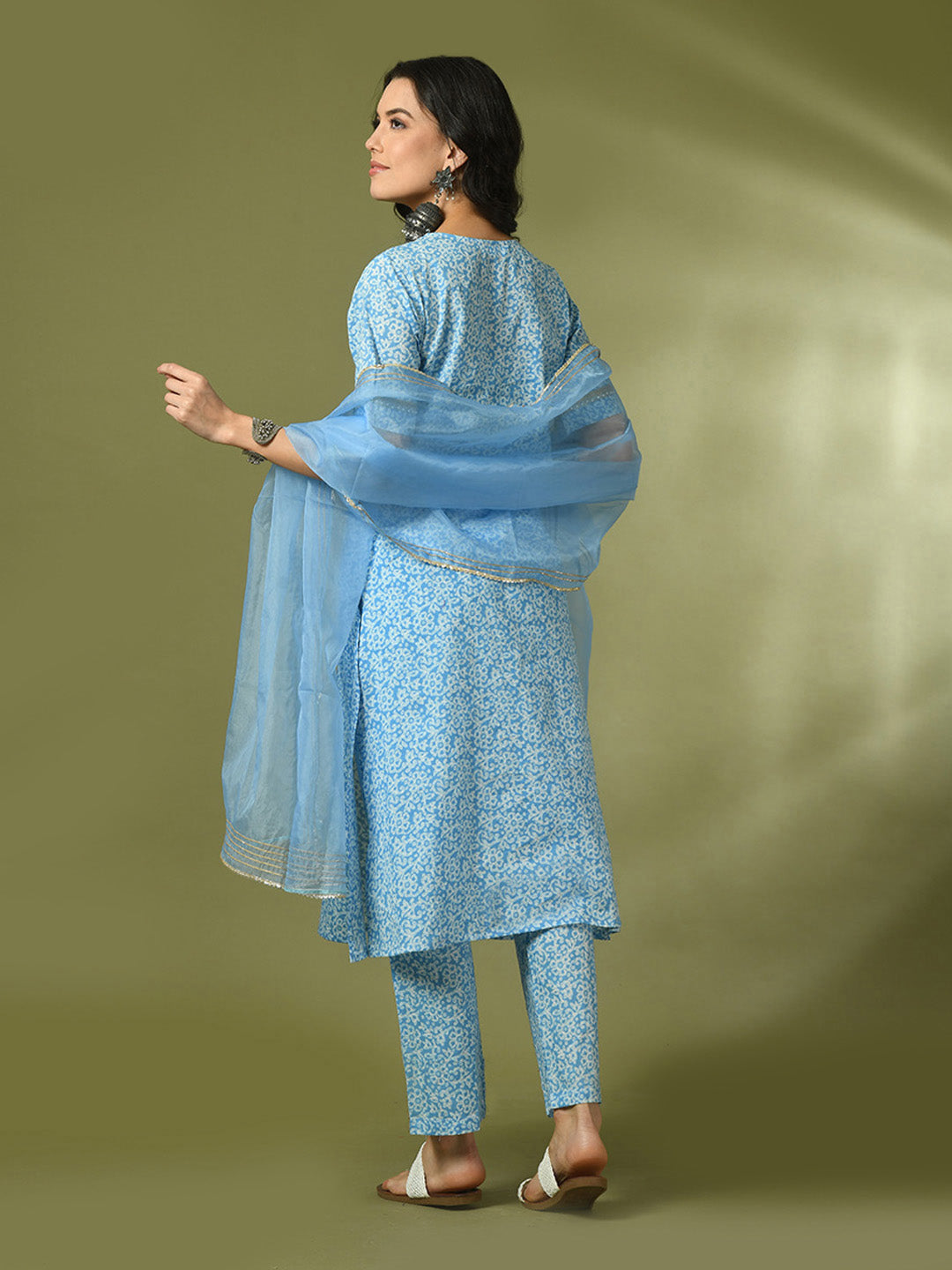 Women's  Blue Printed Cotton Straight Party Kurta Sets With Dupatta