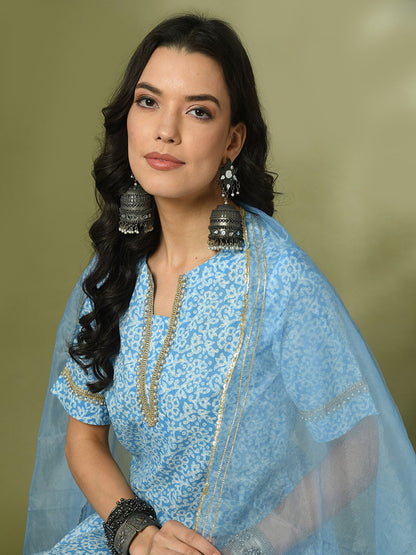 Women's  Blue Printed Cotton Straight Party Kurta Sets With Dupatta