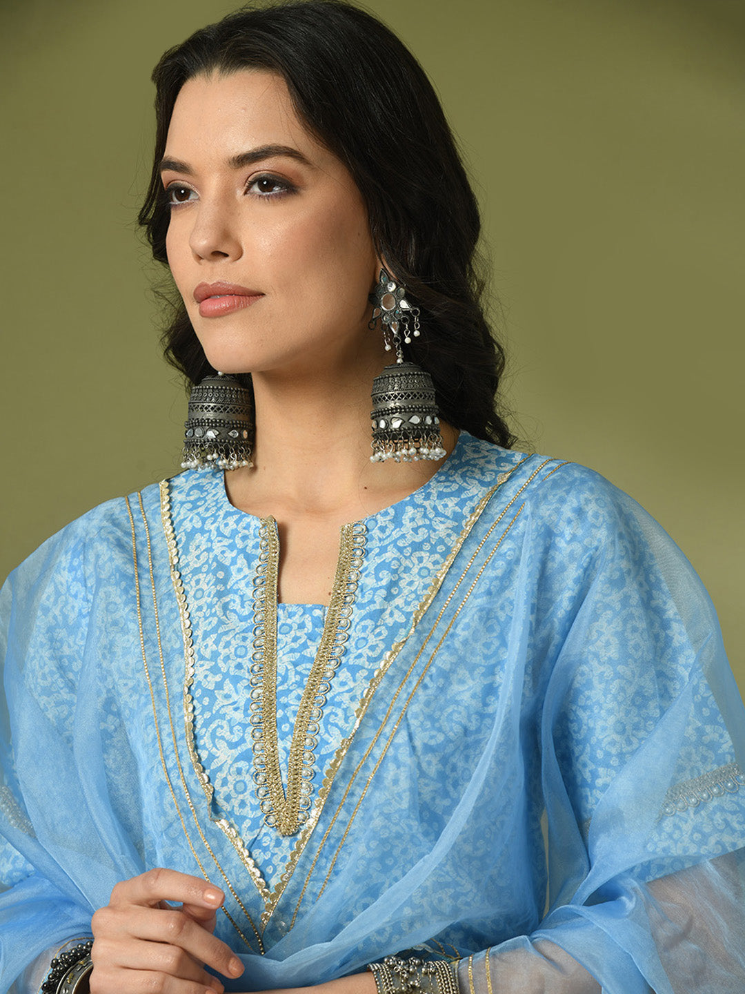 Women's  Blue Printed Cotton Straight Party Kurta Sets With Dupatta