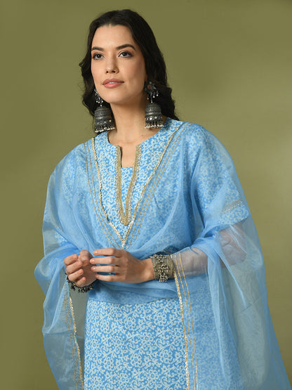 Women's  Blue Printed Cotton Straight Party Kurta Sets With Dupatta
