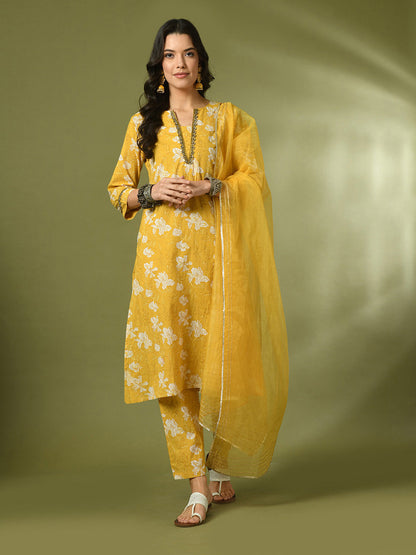 Women's  Yellow Printed Cotton Straight Party Kurta Sets With Dupatta