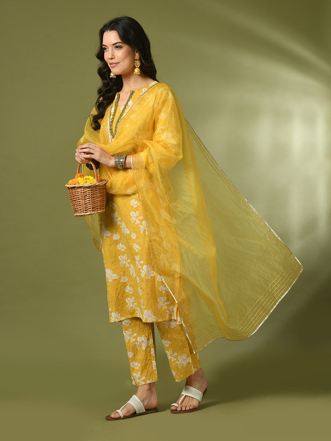 Women's  Yellow Printed Cotton Straight Party Kurta Sets With Dupatta
