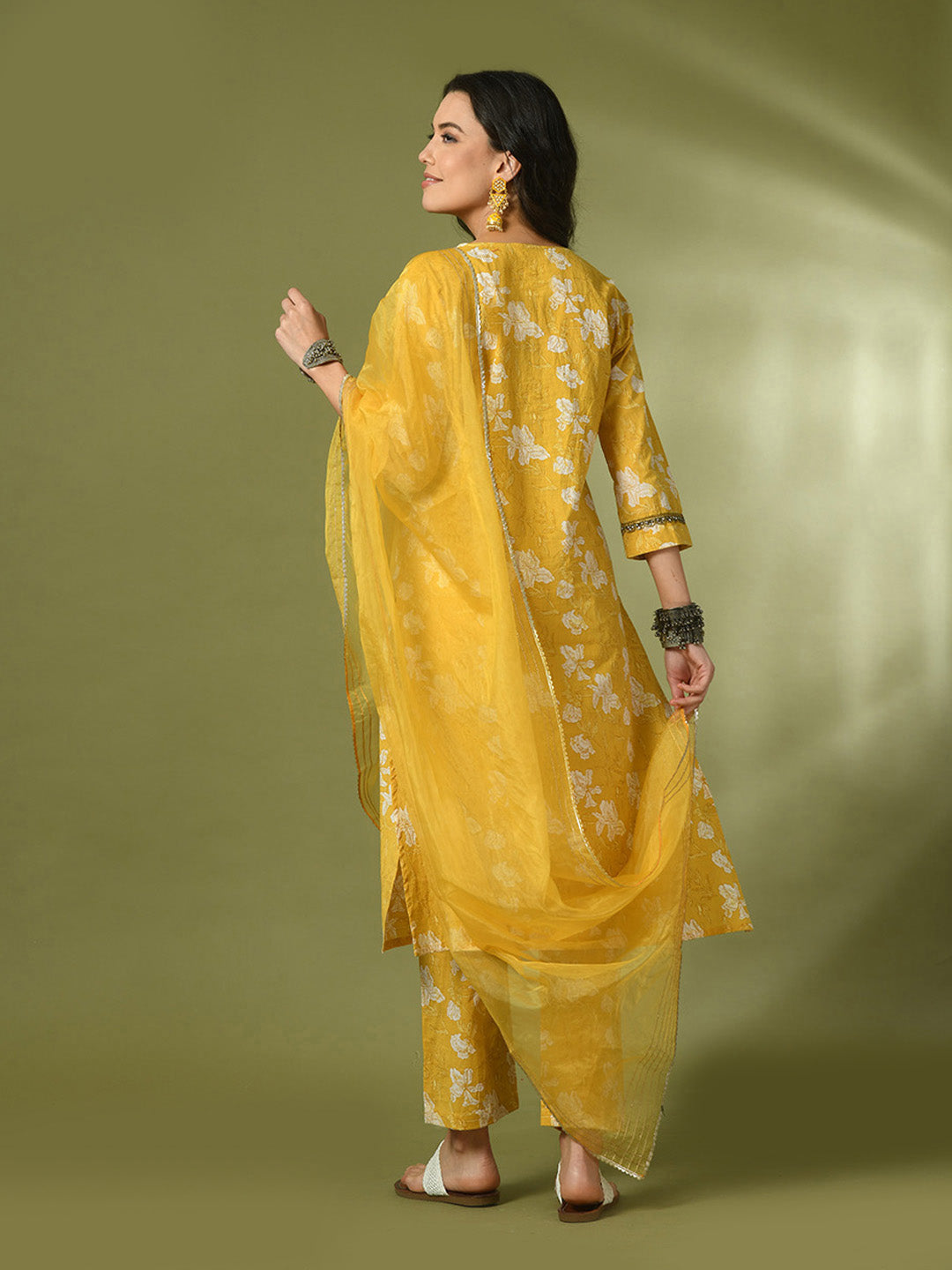 Women's  Yellow Printed Cotton Straight Party Kurta Sets With Dupatta