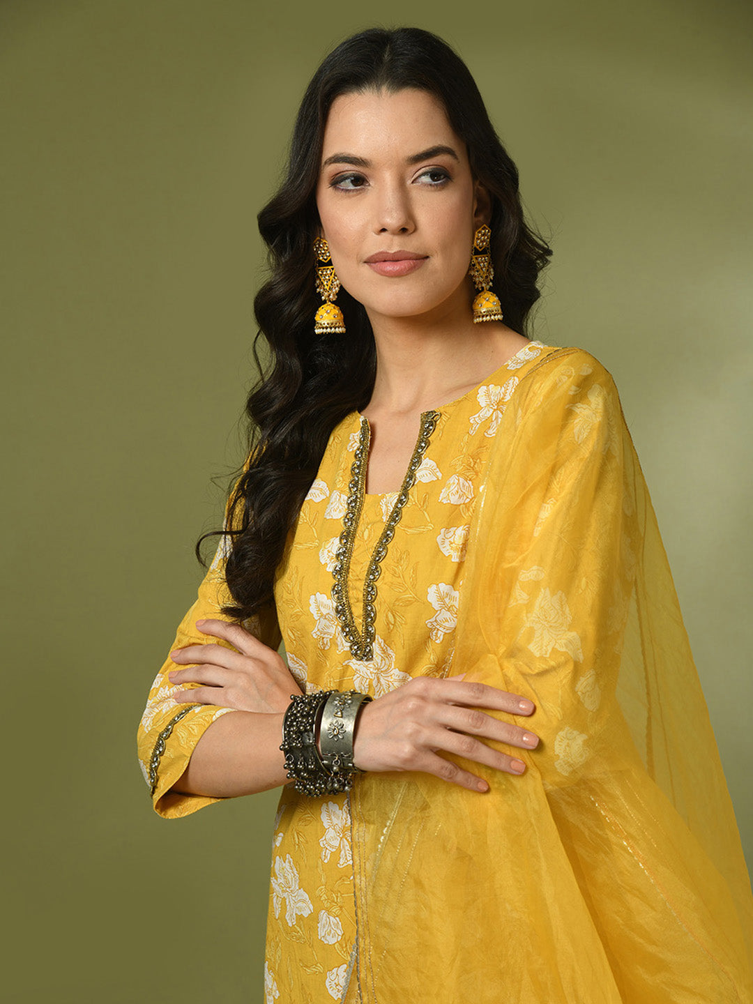 Women's  Yellow Printed Cotton Straight Party Kurta Sets With Dupatta