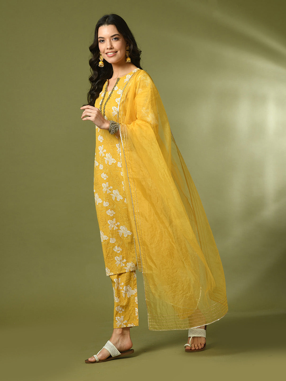Women's  Yellow Printed Cotton Straight Party Kurta Sets With Dupatta
