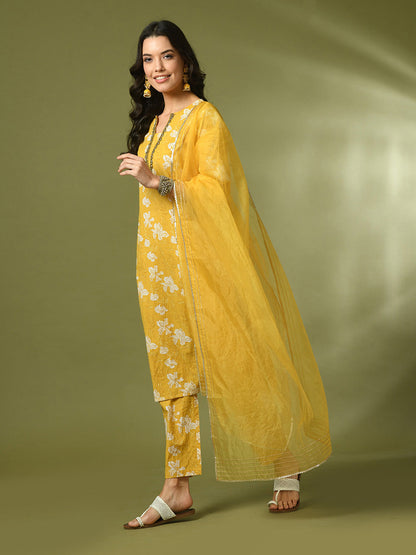 Women's  Yellow Printed Cotton Straight Party Kurta Sets With Dupatta