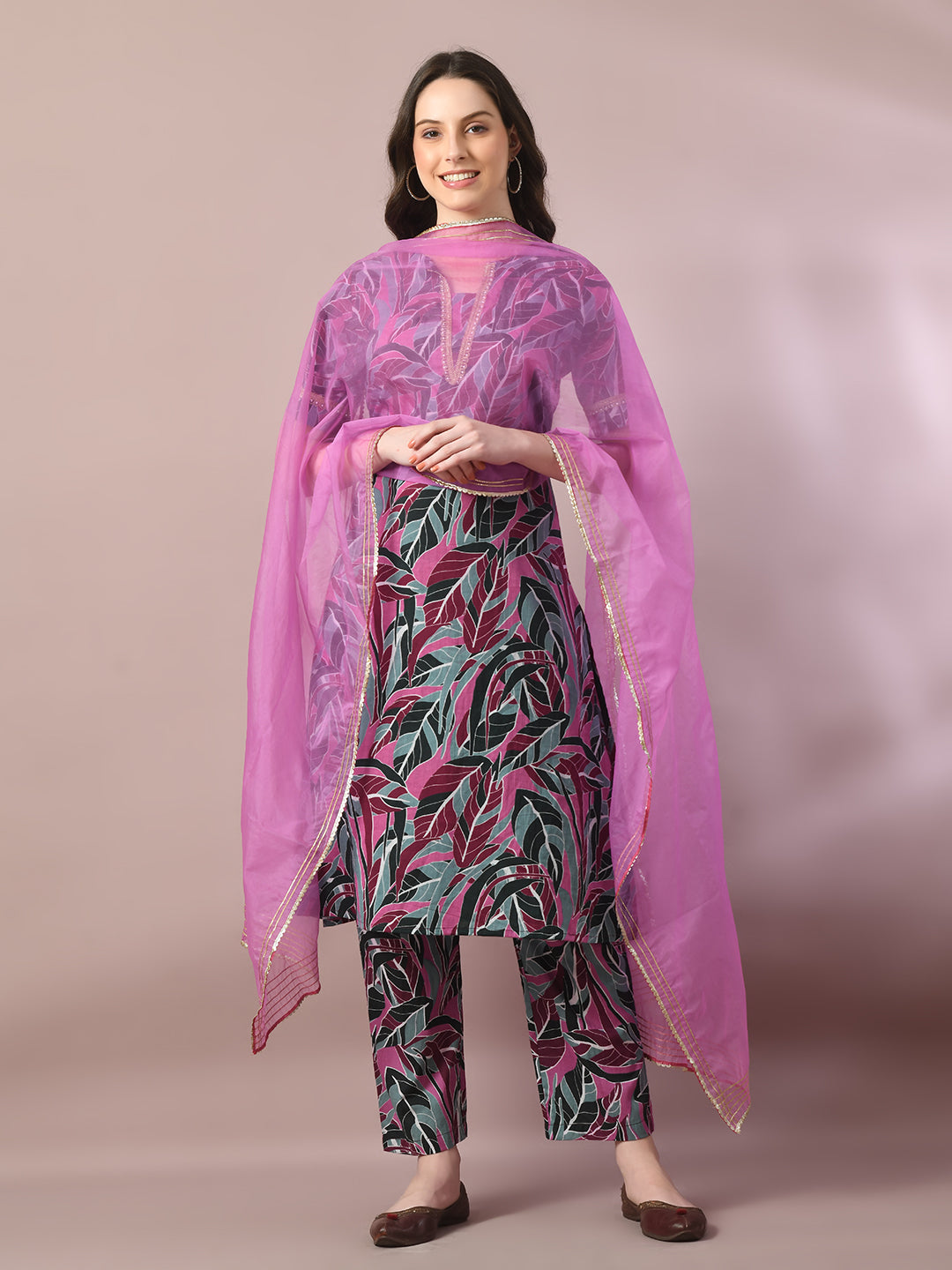 Women's  Multi Printed Cotton Straight Party Kurta Sets With Dupatta