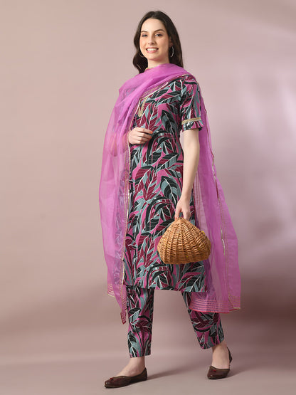 Women's  Multi Printed Cotton Straight Party Kurta Sets With Dupatta