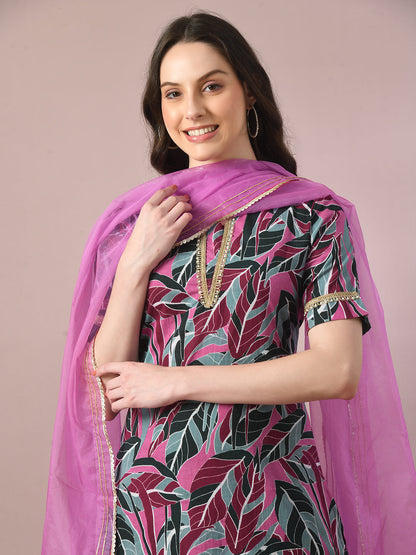 Women's  Multi Printed Cotton Straight Party Kurta Sets With Dupatta